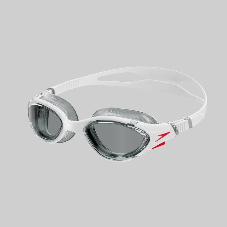White Speedo Biofuse 2.0 swimming goggles with dark lenses, photographed against a clean white background. Speedo manufacturer product photograph.