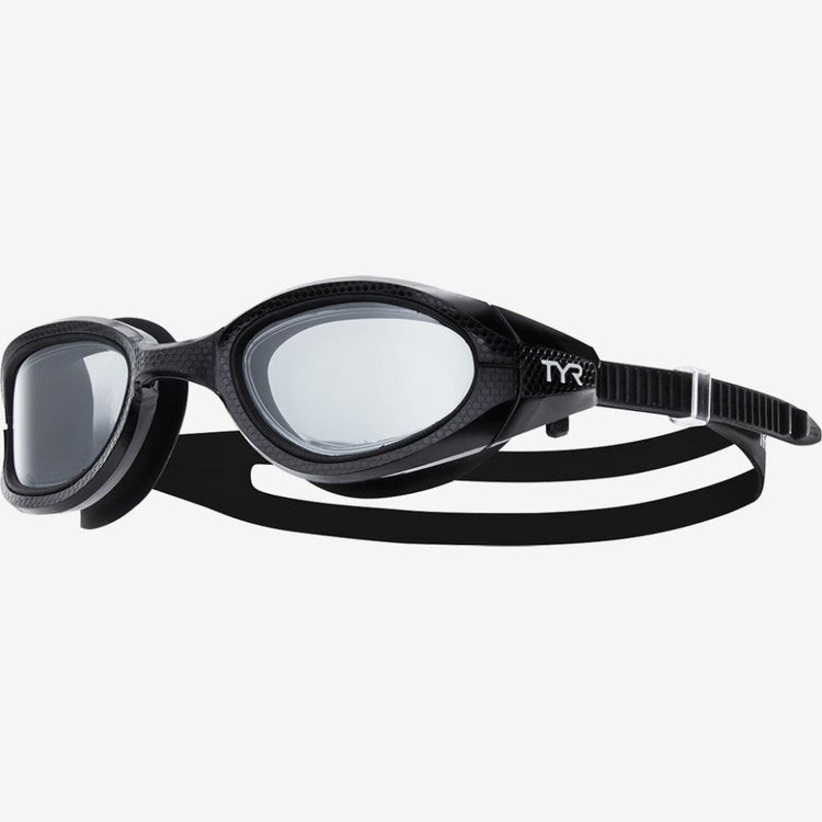 Black TYR Special Ops 3.0 Polarized swim goggles on a clean white background. Product photography via Wateria.
