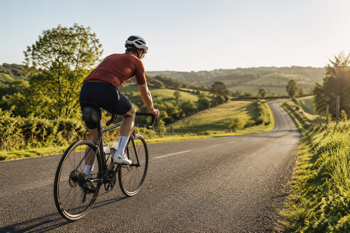 Cyclist training on a quiet rolling road for a first 100 km bike ride