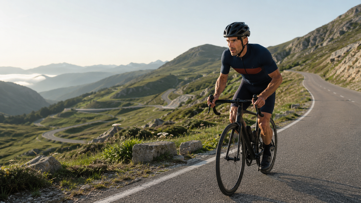 Road cyclist climbing a mountain road while training power-to-weight ratio