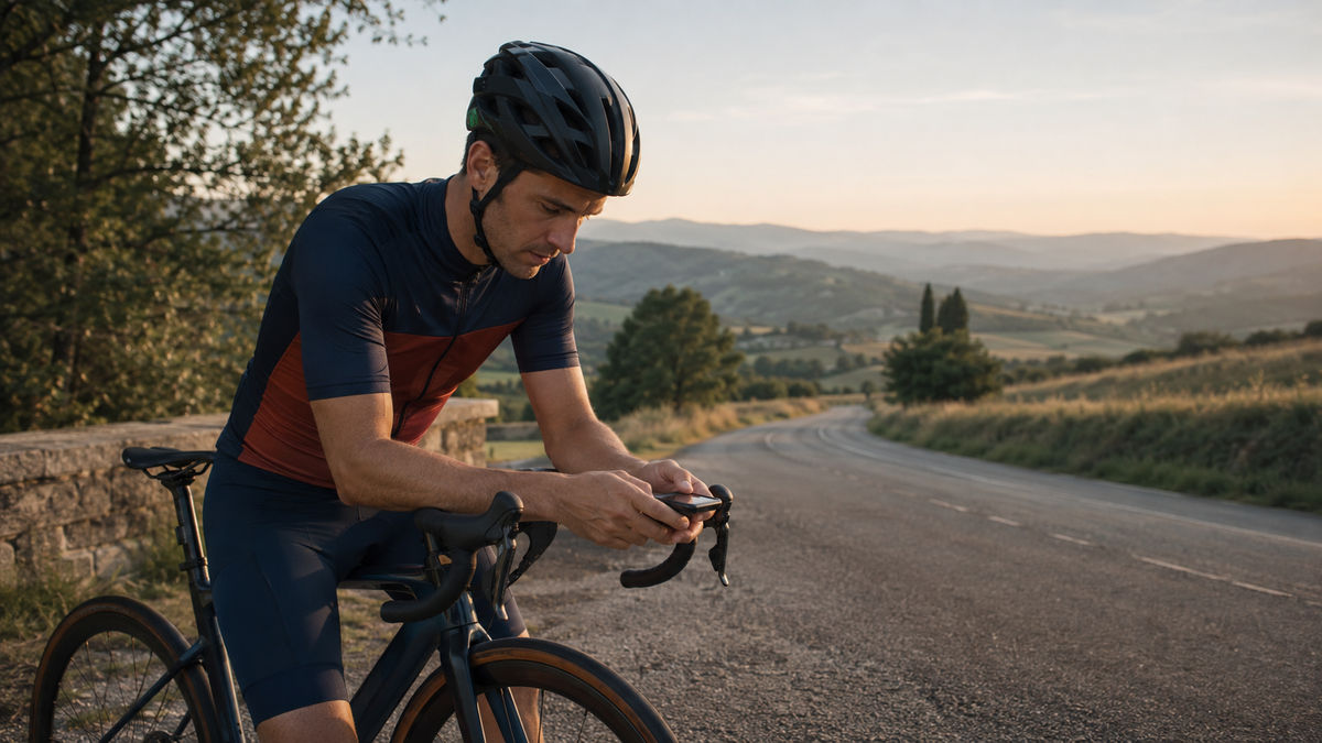 Road cyclist reviewing training data after a structured endurance ride