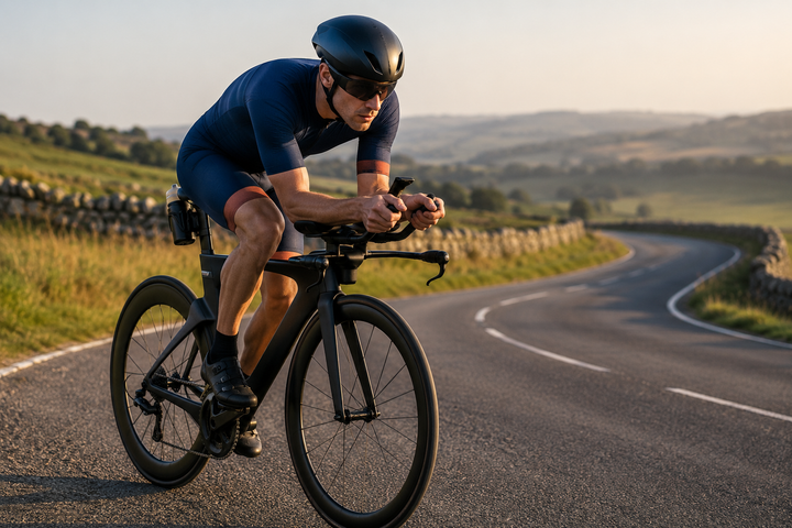 Triathlete pacing a Half Ironman bike leg in an aerodynamic position on a rolling road