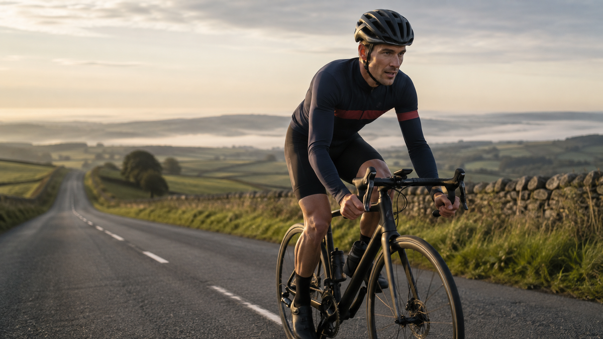 Road cyclist completing a sustained FTP training effort on a quiet rural climb