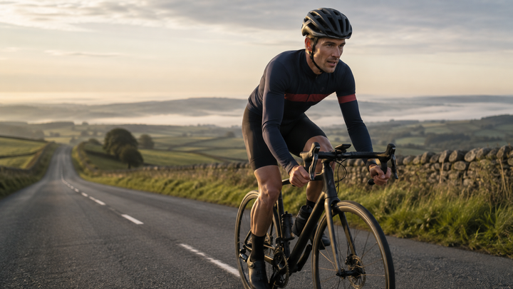 Road cyclist completing a sustained FTP training effort on a quiet rural climb