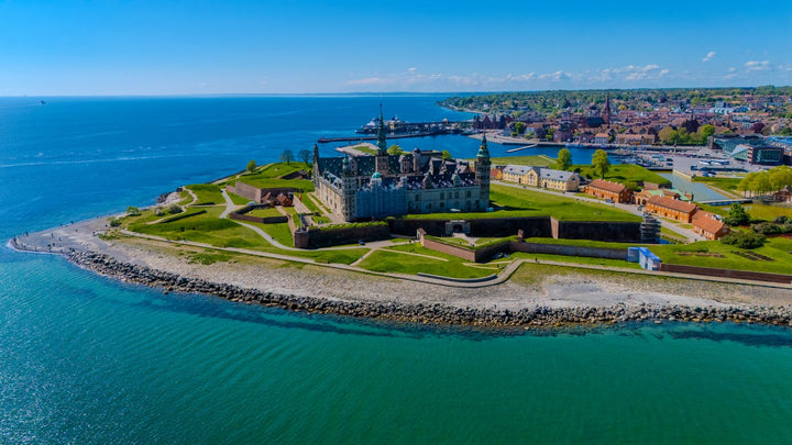 Aerial view of Kronborg Castle and the coast in Helsingor, Denmark