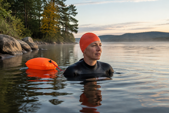 Triathlete calmly acclimating in open water near shore with a bright safety tow float