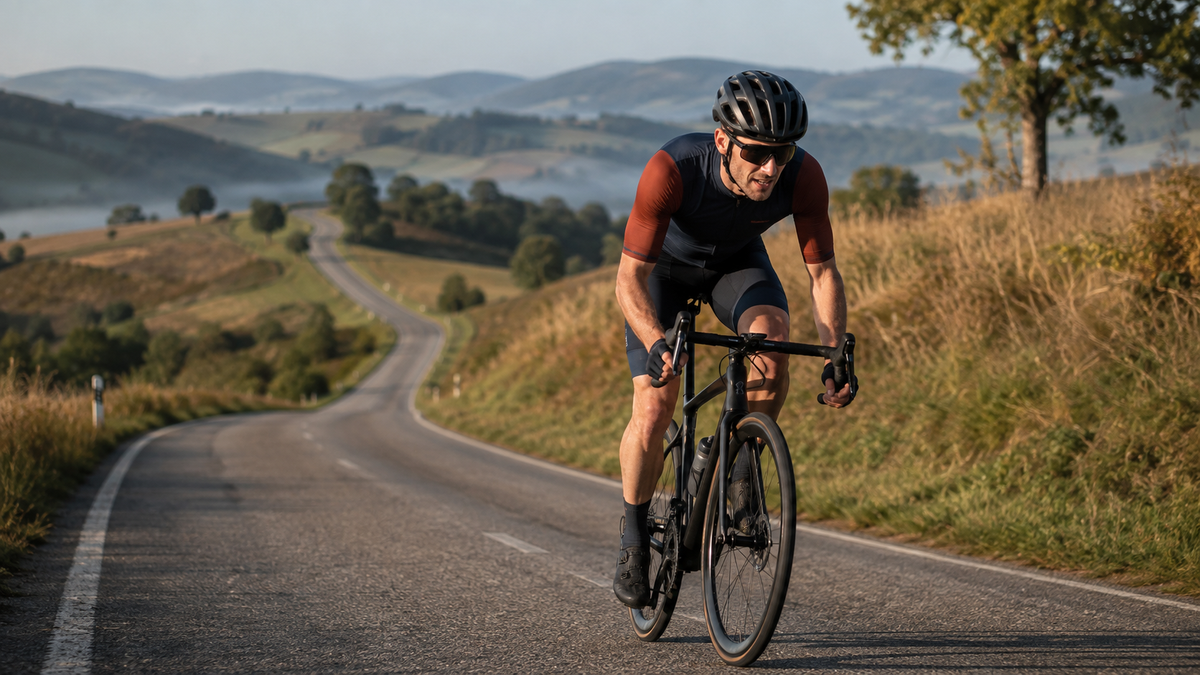 Road cyclist completing over-under intervals on a rolling country road