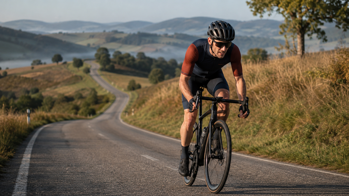 Road cyclist completing over-under intervals on a rolling country road