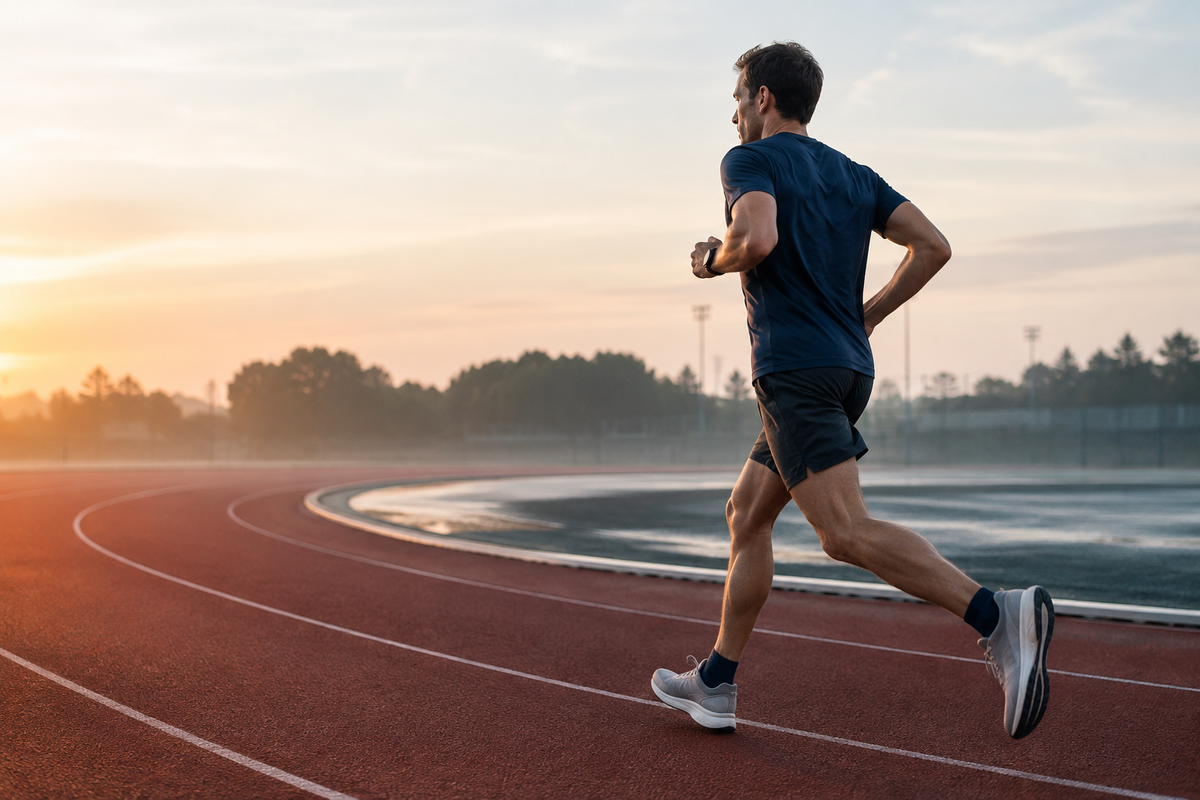Runner holding a controlled pace on an athletics track at sunrise