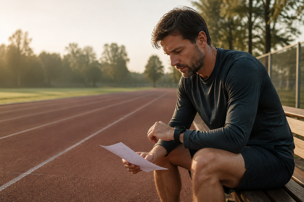 Runner reviewing a training plan beside an athletics track