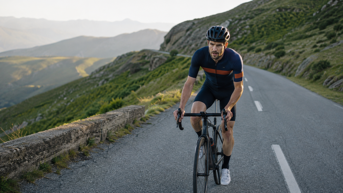 Road cyclist completing a sustained threshold effort on a mountain climb