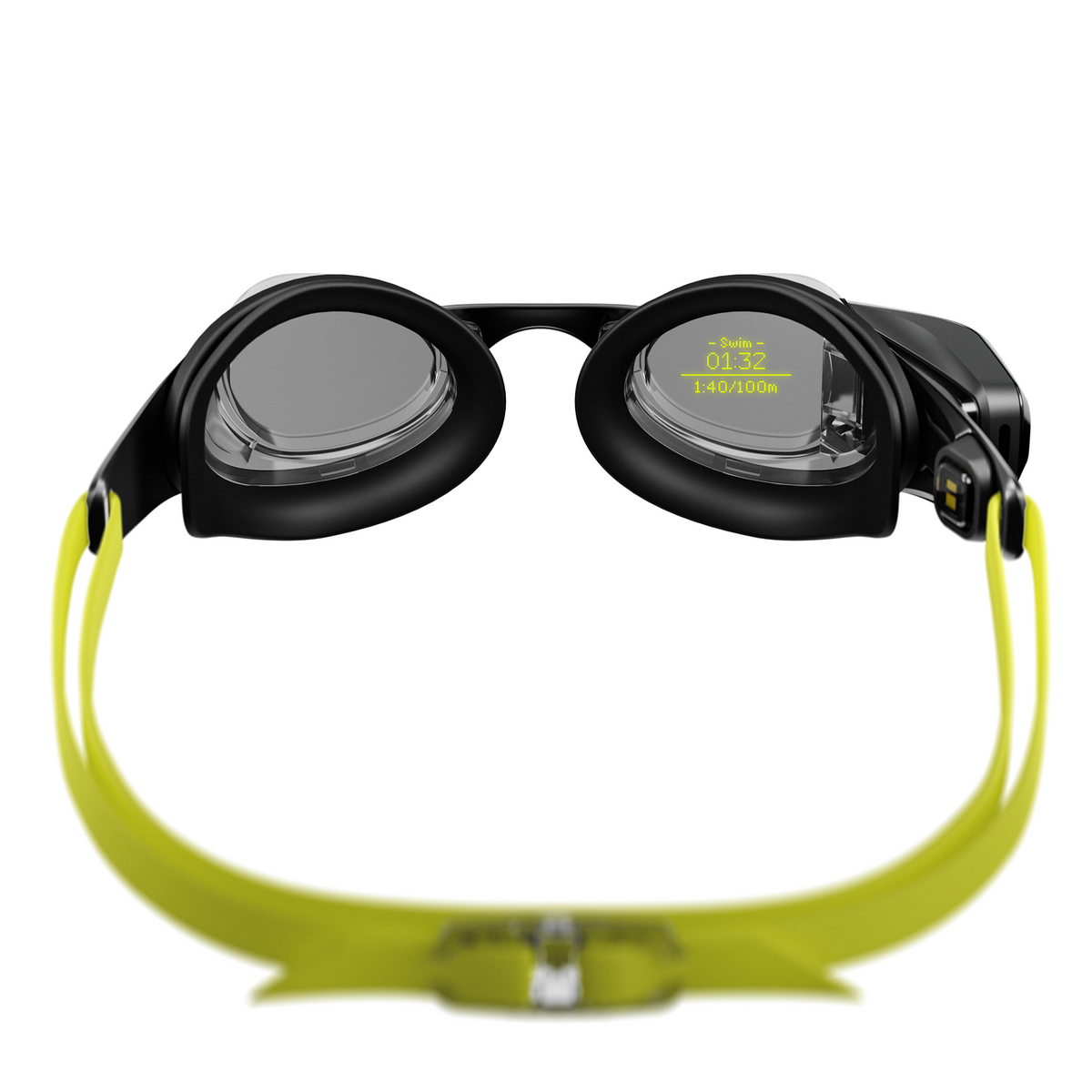 FORM Smart Swim 2 smart swimming goggles with black frame, yellow strap and in-lens display; studio product image via The Feed.
