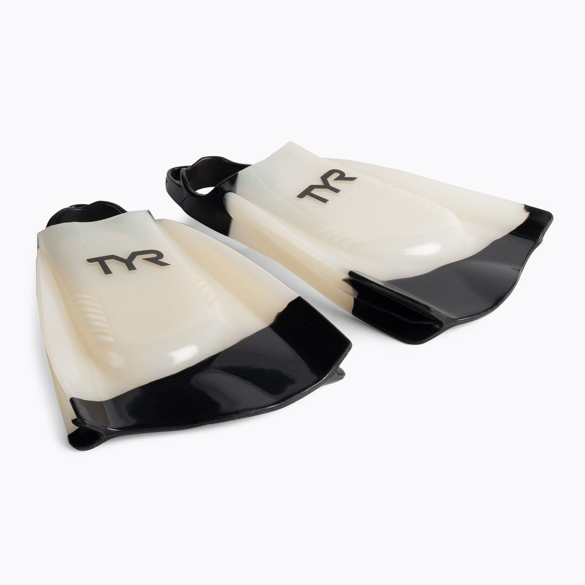 TYR HydroBlade training swim fins with white body and black short blades against a white studio background. Product photograph via Sportano.