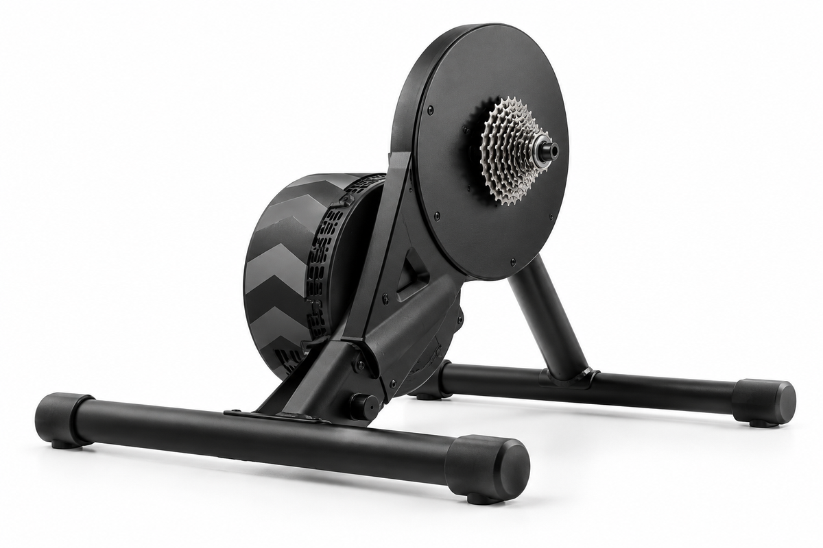 AI-assisted studio editorial illustration representing a direct-drive Wahoo KICKR CORE 2 smart trainer on a white background.