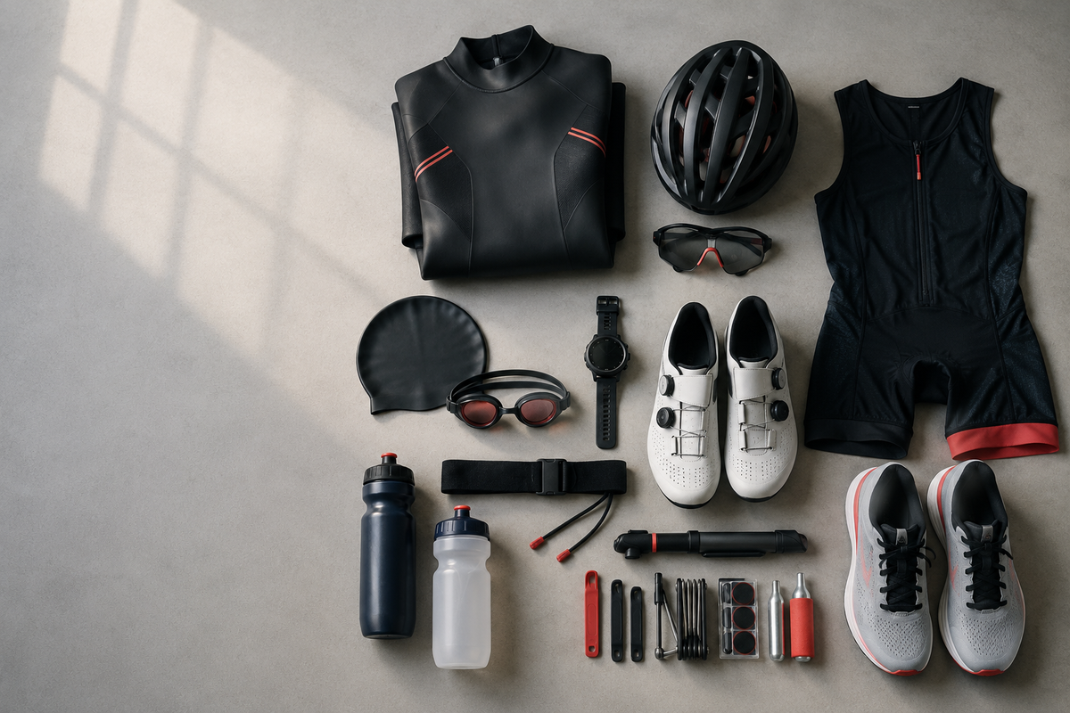 Essential beginner triathlon gear arranged as a complete swim, bike and run equipment checklist