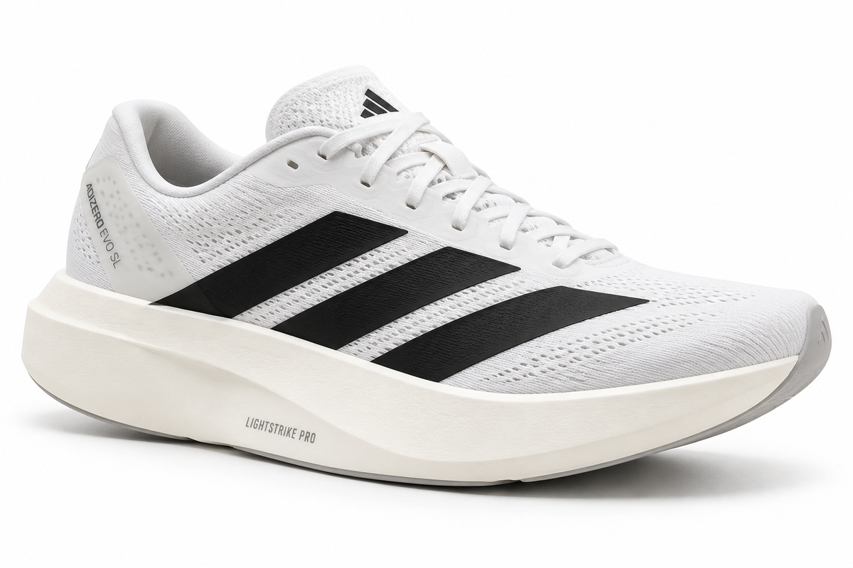 AI-generated editorial studio illustration of the original white and black adidas Adizero EVO SL running shoe, isolated on a white background. Product details may differ from actual models.