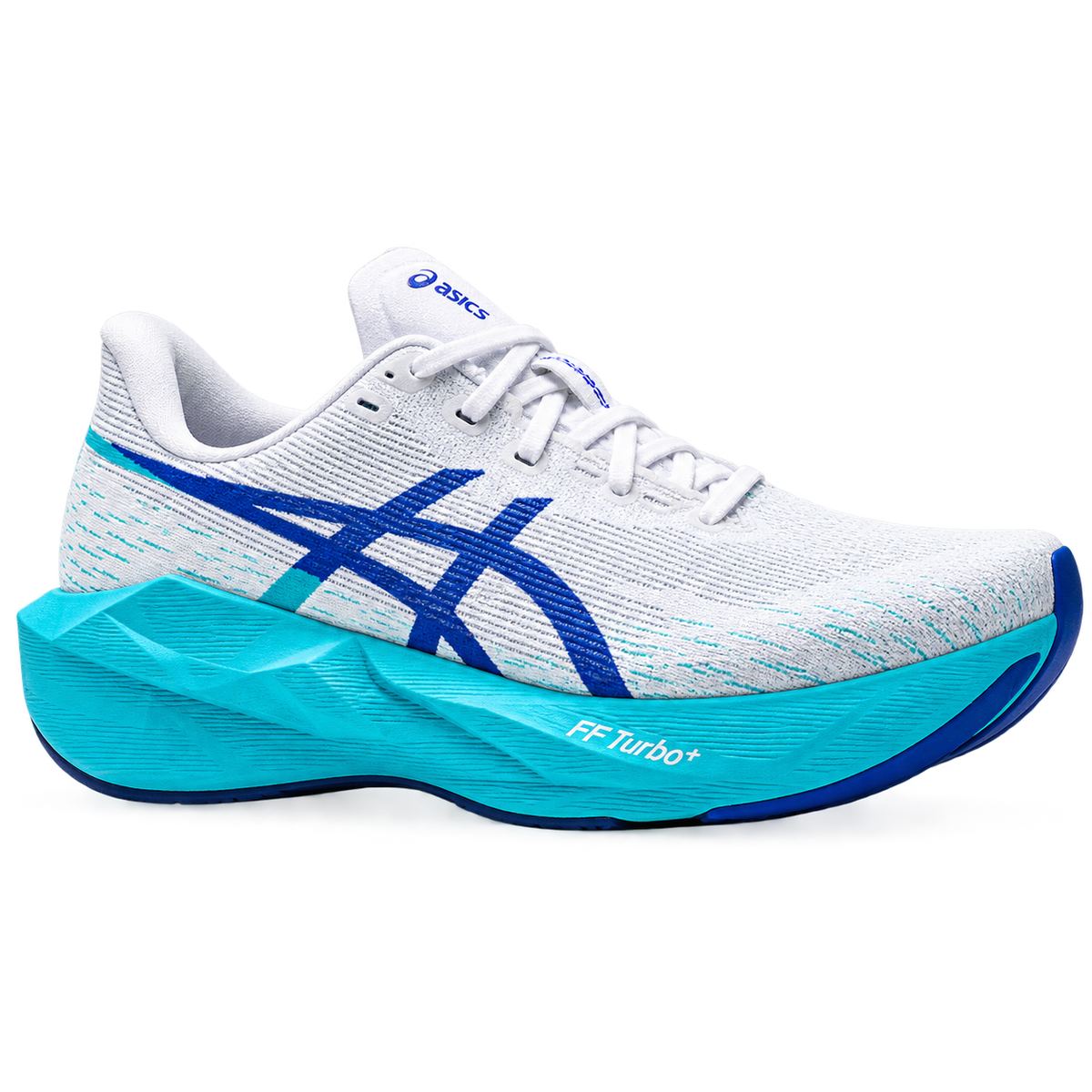 ASICS Novablast 6 in white and aqua, isolated on a transparent background. AI-assisted editorial product visual.