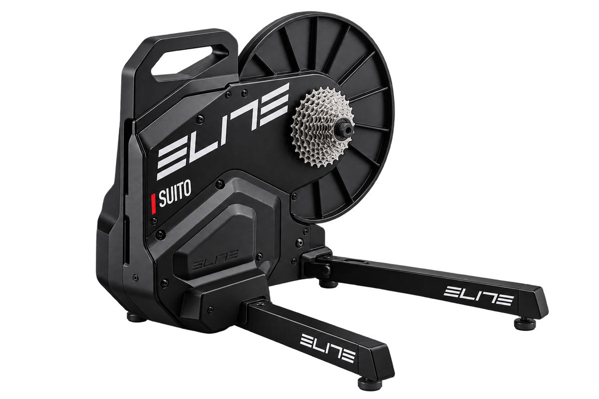 Transparent-background AI-assisted editorial illustration of the black Elite Suito direct-drive smart trainer with handle, cassette and folding legs.