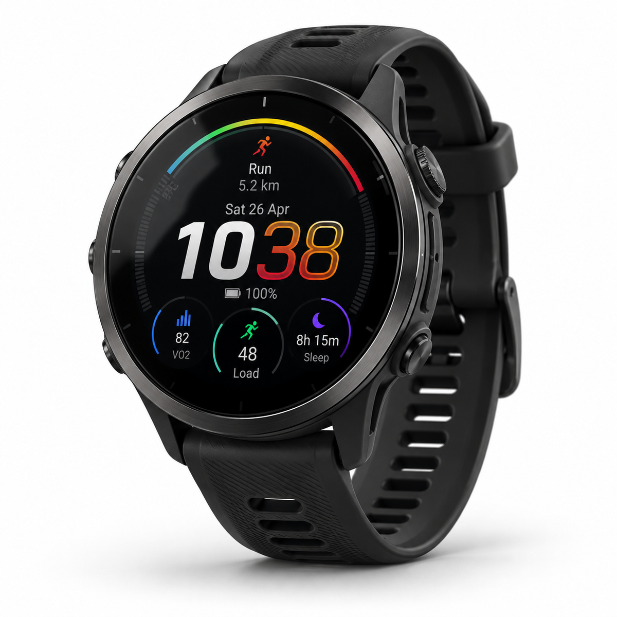 AI-generated conceptual studio illustration inspired by the Garmin Forerunner 970 black multisport watch, on a pure white background. Display graphics are illustrative.