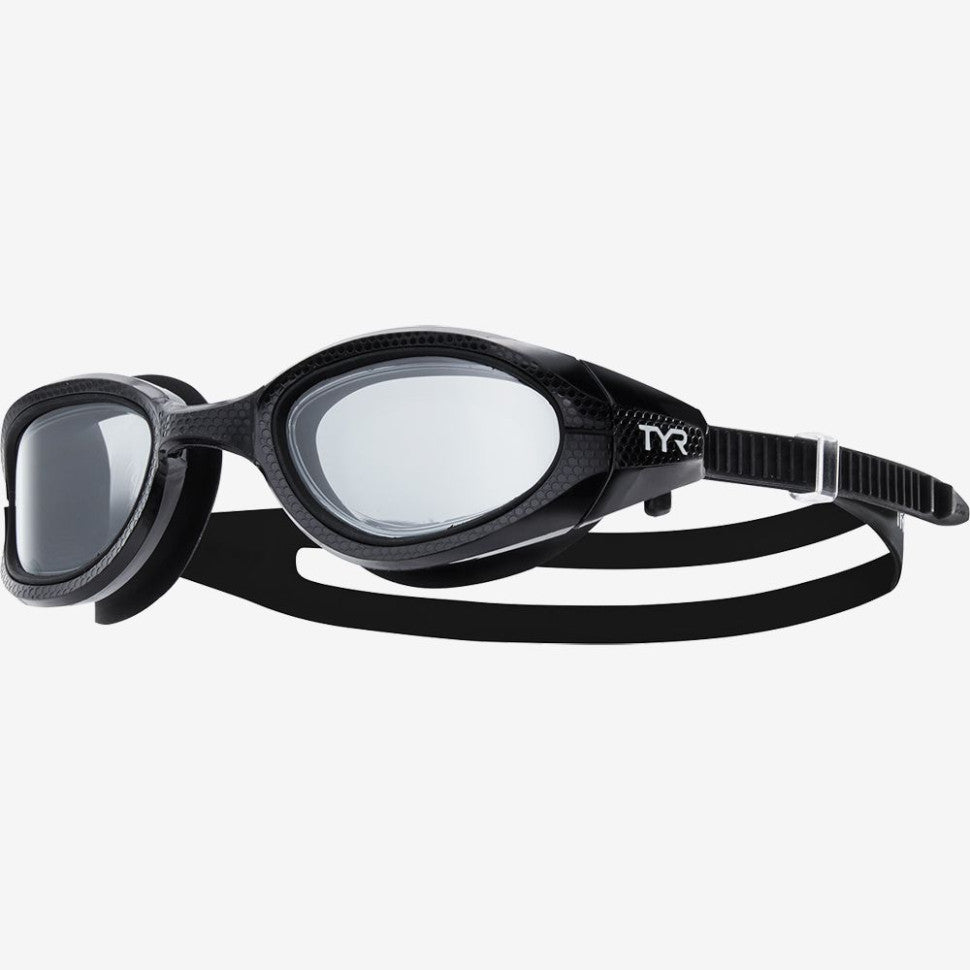 Black TYR Special Ops 3.0 Polarized swim goggles on a clean white background. Product photography via Wateria.