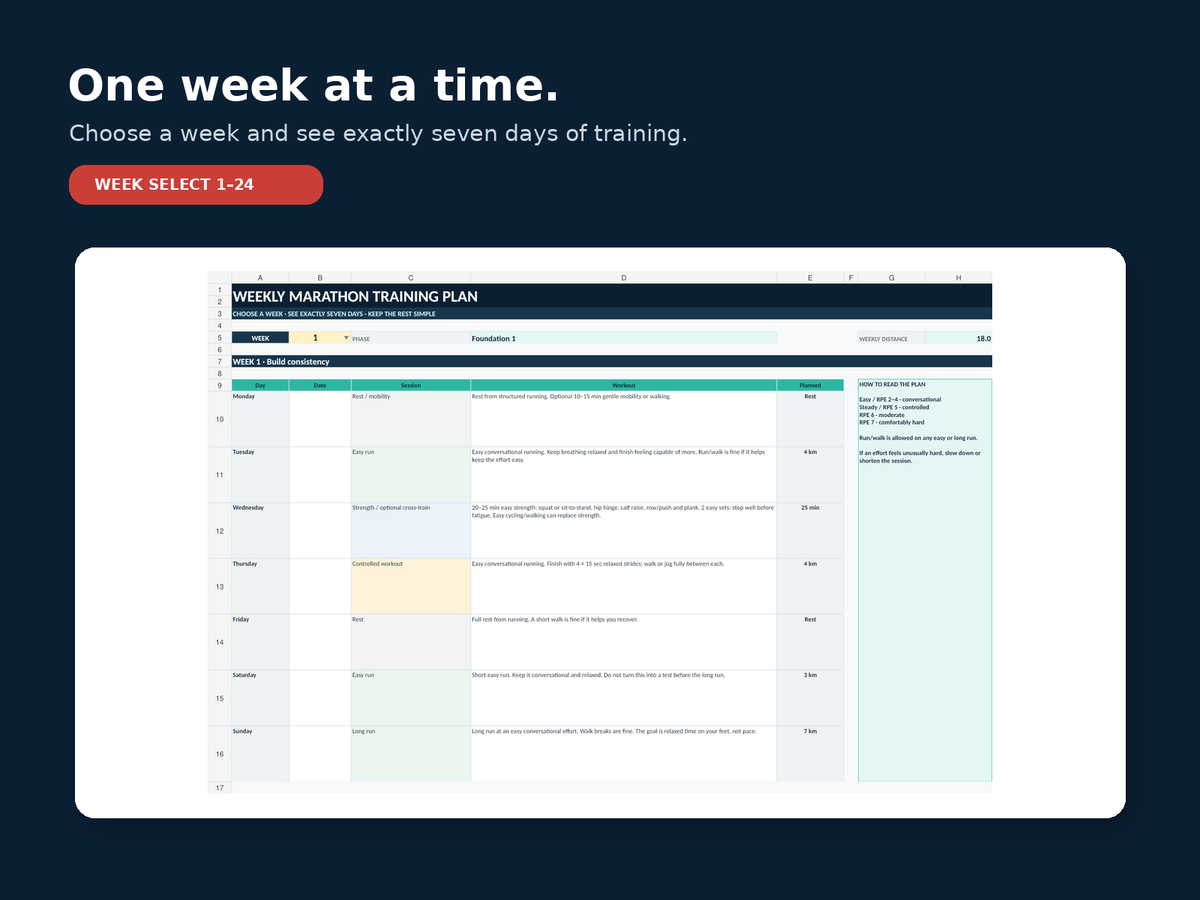 24-week beginner marathon plan weekly training view and week selector