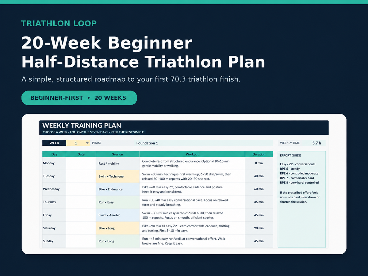 20-week beginner half-distance triathlon training plan by Triathlon Loop