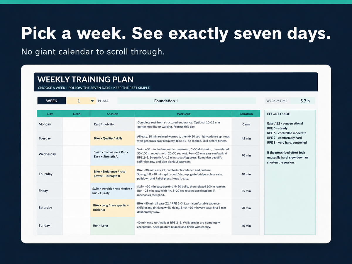 Weekly view of the 20-week beginner half-distance triathlon training plan showing seven days of training