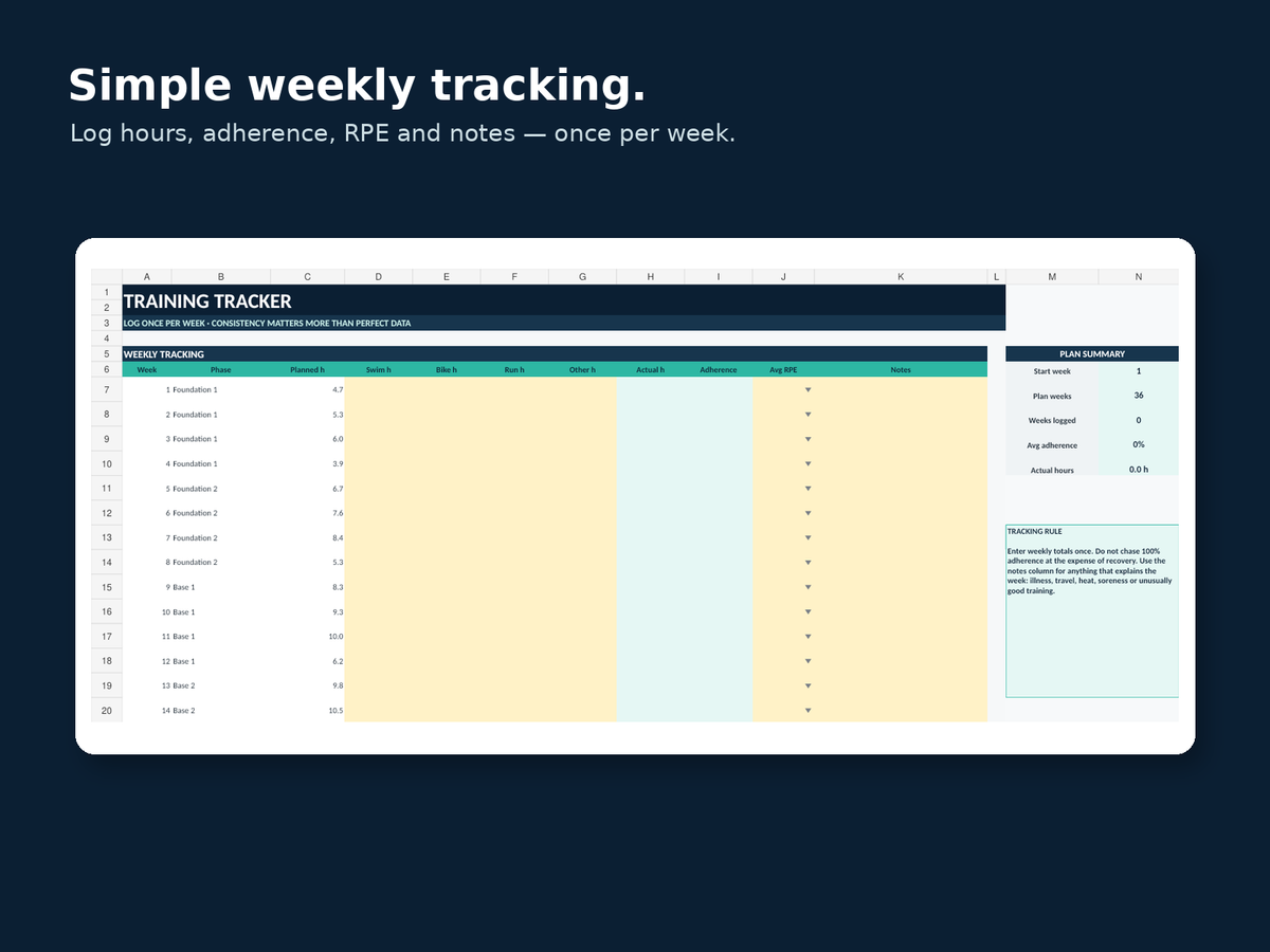 Simple weekly training tracker included with the Triathlon Loop full-distance plan