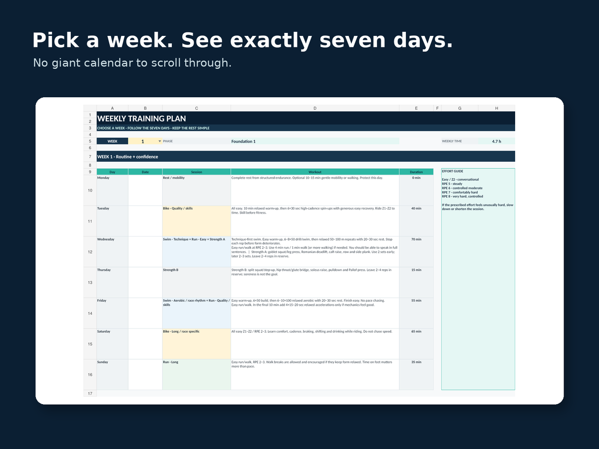 Weekly view with week selector in the Triathlon Loop beginner full-distance training plan